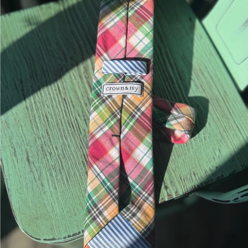 Crown & Ivy madras Men's Tie in Pink, Green & Gold - Easter 🐣 - Picture 2 of 5